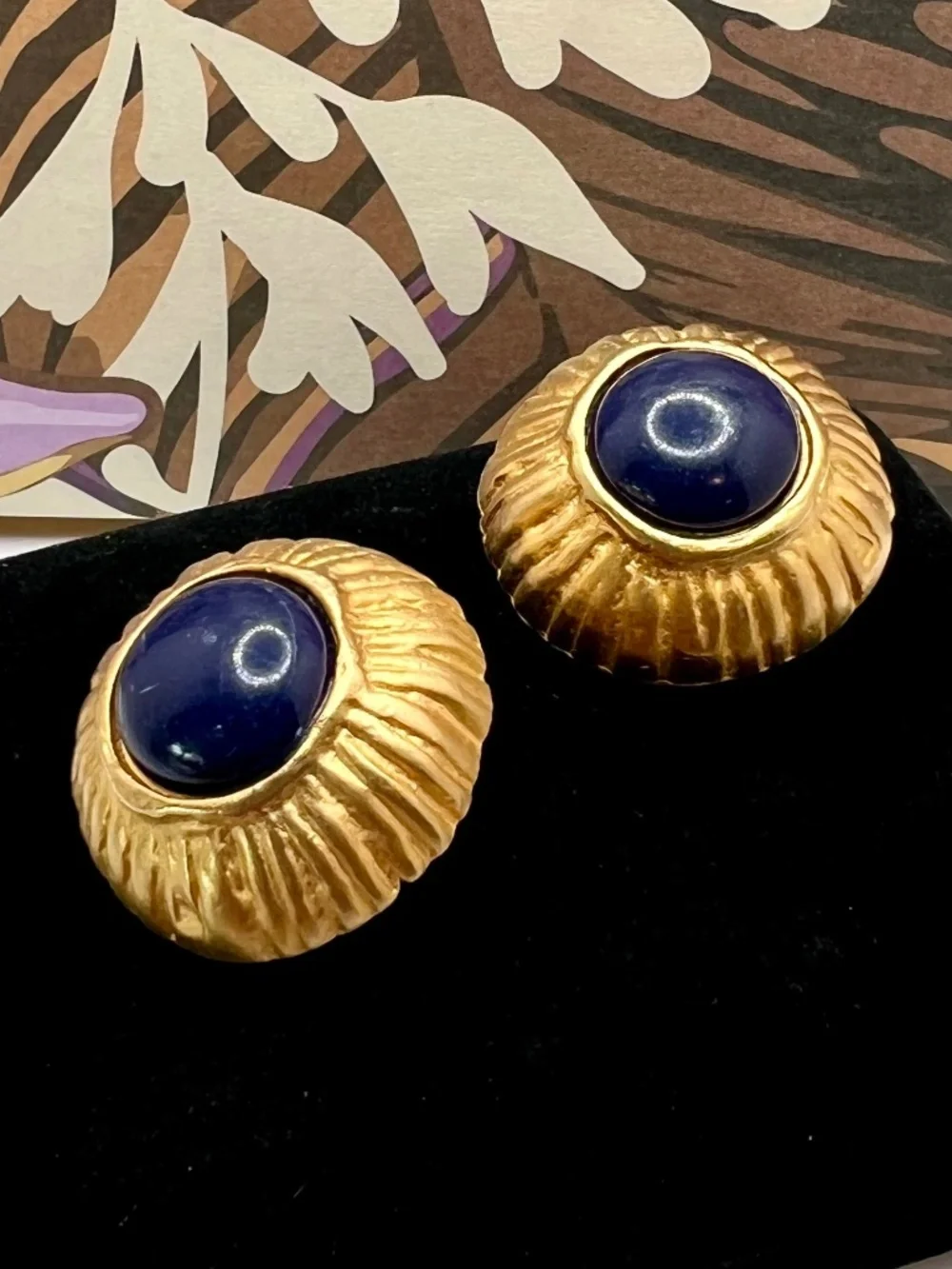 Navy Cabochon Textured Dome CLIP Earrings